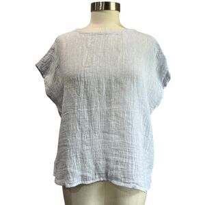 Tahari Linen Blouse Size S Light Blue Mother of Pearl Button Back Minimal Chic